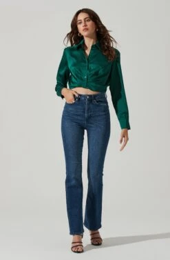 Sutton Satin Button Up Crop Top -Sundress Haven AT17617 HUNTERGREEN 2