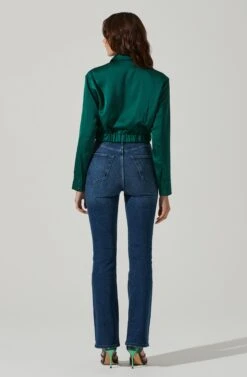 Sutton Satin Button Up Crop Top -Sundress Haven AT17617 HUNTERGREEN 6