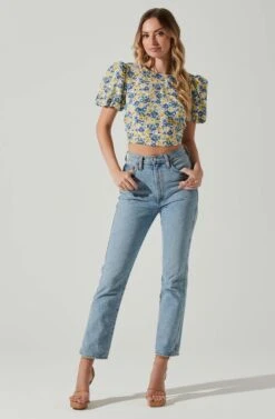 Floral Bubble Sleeve Tie Back Top -Sundress Haven AT17725 YELLOWBLUEFLORAL 1