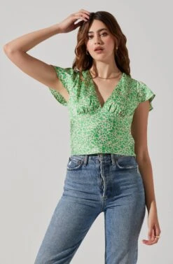 Satin V Neck Flutter Sleeve Top -Sundress Haven AT17746 CREAMLIMEDITSY 4