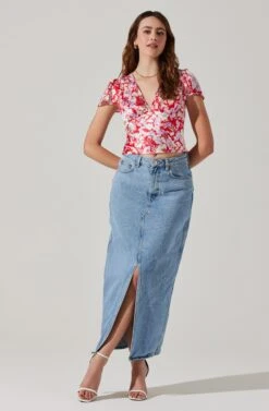 Satin V Neck Flutter Sleeve Top -Sundress Haven AT17746 REDLILACFLORAL 1