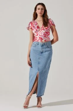 Satin V Neck Flutter Sleeve Top -Sundress Haven AT17746 REDLILACFLORAL 2