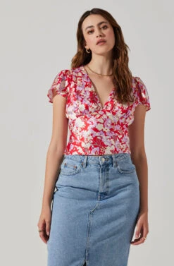 Satin V Neck Flutter Sleeve Top -Sundress Haven AT17746 REDLILACFLORAL 3