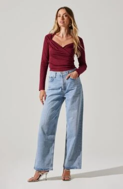 Surplice Long Sleeve Knit Top -Sundress Haven AT18009 WINE 1