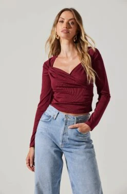 Surplice Long Sleeve Knit Top -Sundress Haven AT18009 WINE 3