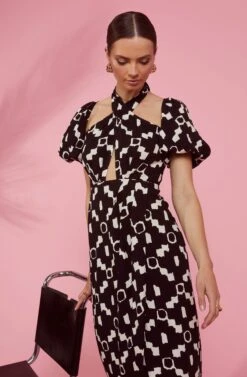 Hailey Geo Print Halter Midi Dress -Sundress Haven RESORT 1732