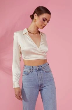 Delphi Satin Pointed Collar Wrapped Tie Waist Top 16 Delphi Satin Pointed Collar Wrapped Tie Waist Top -Sundress Haven RESORT 2130