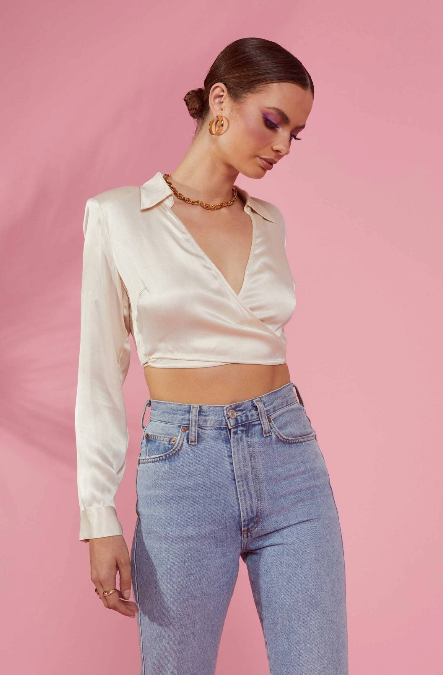 Delphi Satin Pointed Collar Wrapped Tie Waist Top 6 Delphi Satin Pointed Collar Wrapped Tie Waist Top - Image 6